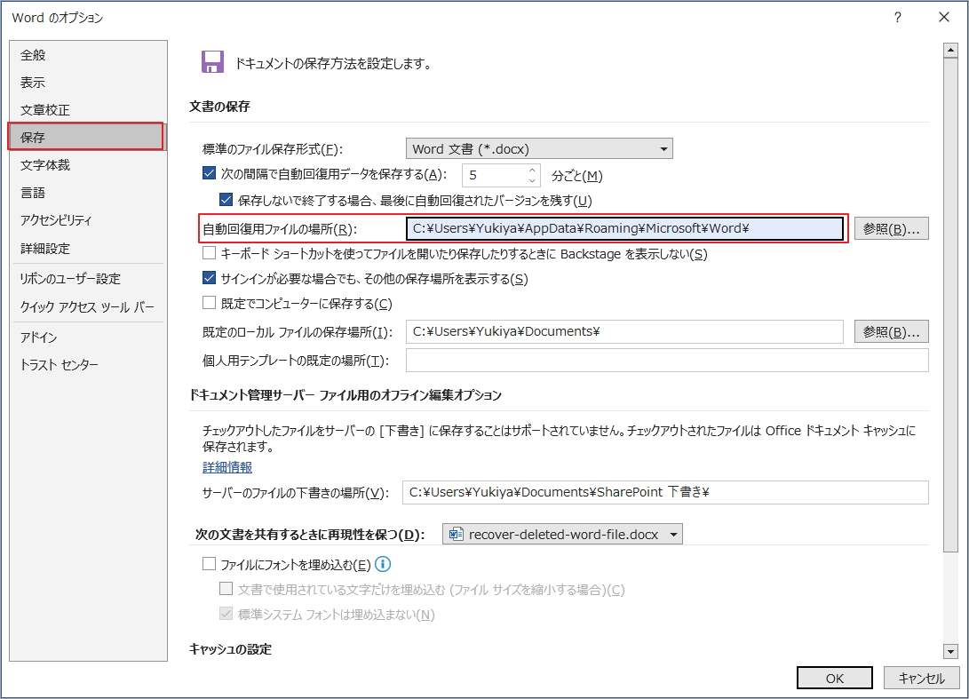 自動回復用ファイルの場所