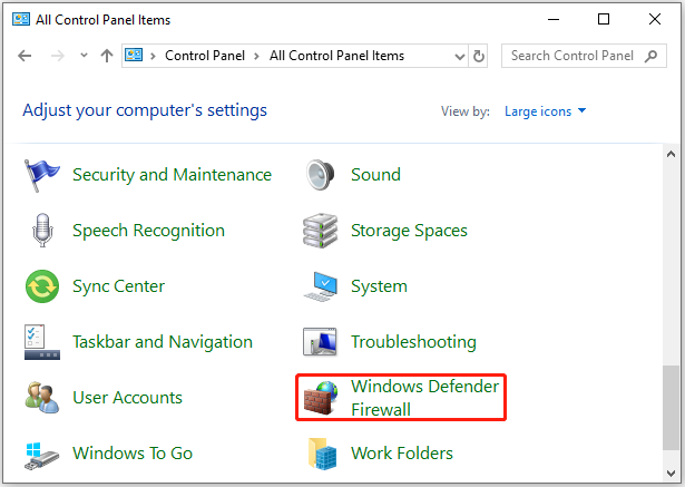 Windows Defender ファイアウォールを選択します