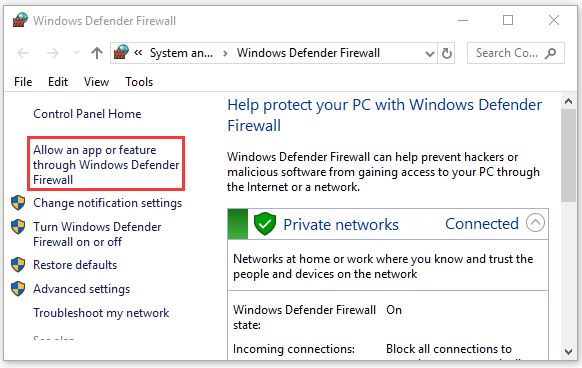 Windows Defender ファイアウォールを介したアプリまたは機能を許可する