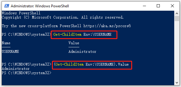 env PowerShell を使用してユーザー名を取得する