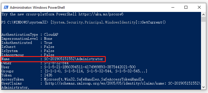 WindowsIdentity 経由でユーザー名 PowerShell を取得する