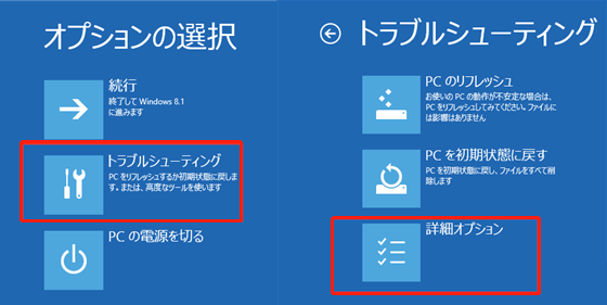 「トラブルシューティング」→「詳細オプション」