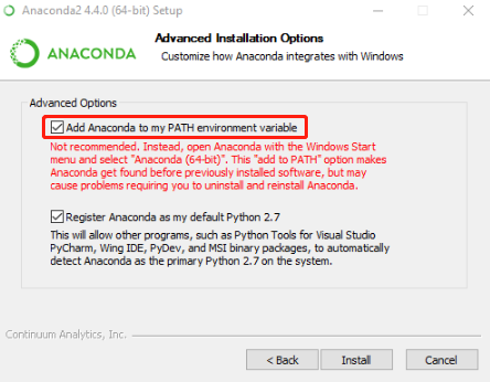 「Add Anaconda to my PATH environment variable」を選択