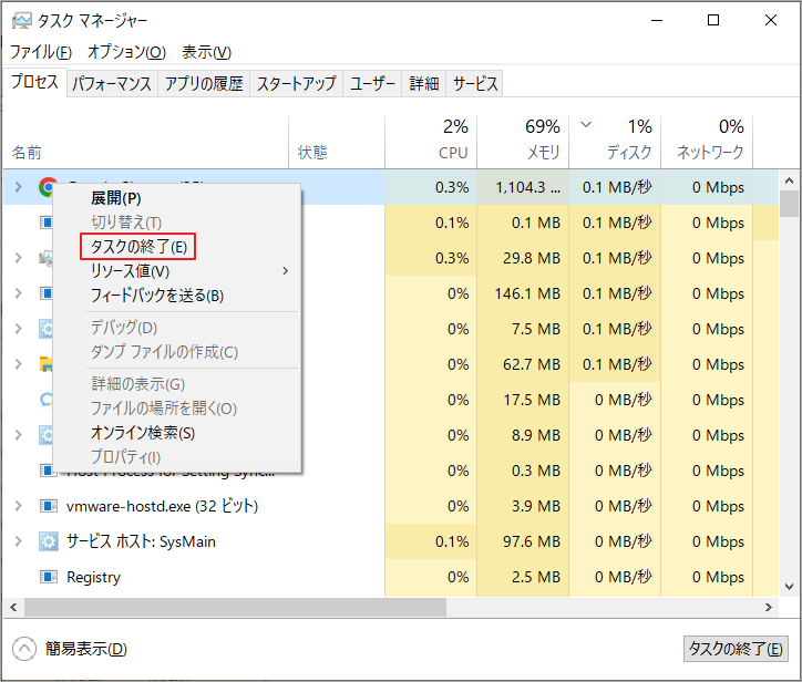 「タスクの終了」をクリック