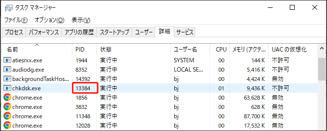 タスクマネージャーでのCHKDSKのPID