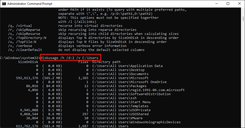 diskusage /h /d:2 /v C:\Users