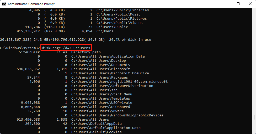 diskusage /d=2 C:\Users