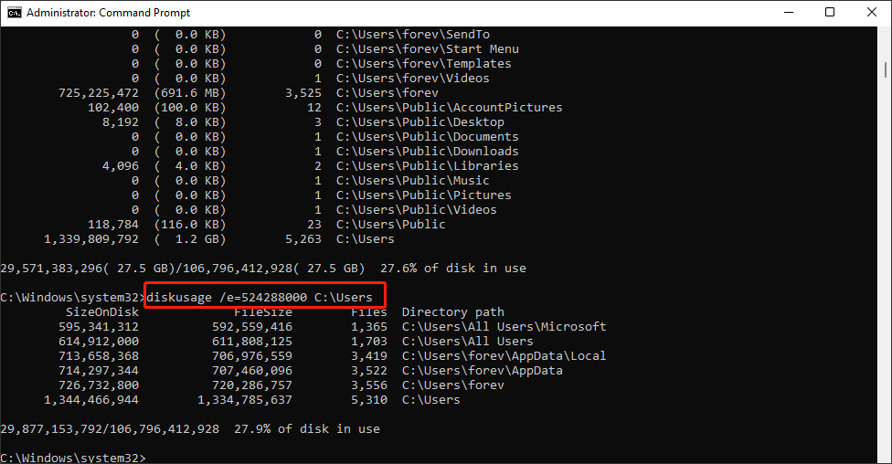 diskusage /e=524288000 C:\Users
