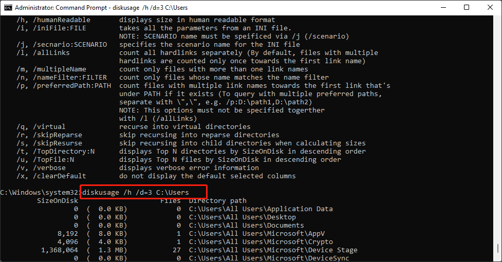 diskusage /h /d=3 C:\Users