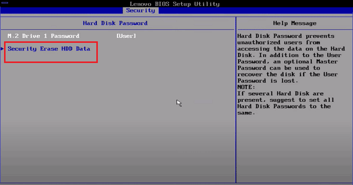 「Security Erase HDD Data」を選択