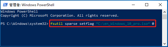 fsutil sparse setflag “FullPathOfISO” 0