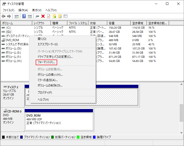 ディスクの管理で「フォーマット」を選択