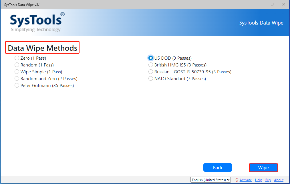 SysToolsでファイルの消去方法を選択する