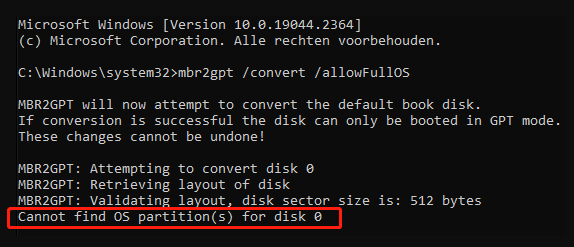 「Cannot find OS partition(s) for disk 0」エラーメッセージ