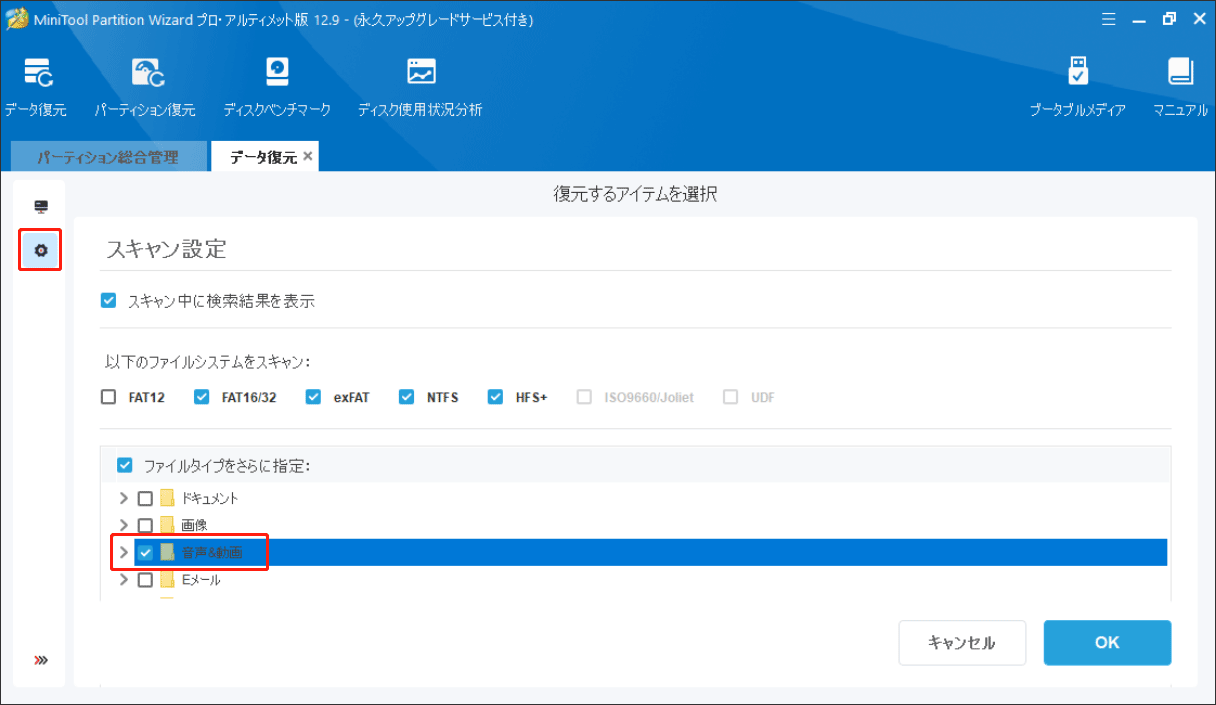 MiniTool Partition Wizardでスキャンするファイルタイプを指定する