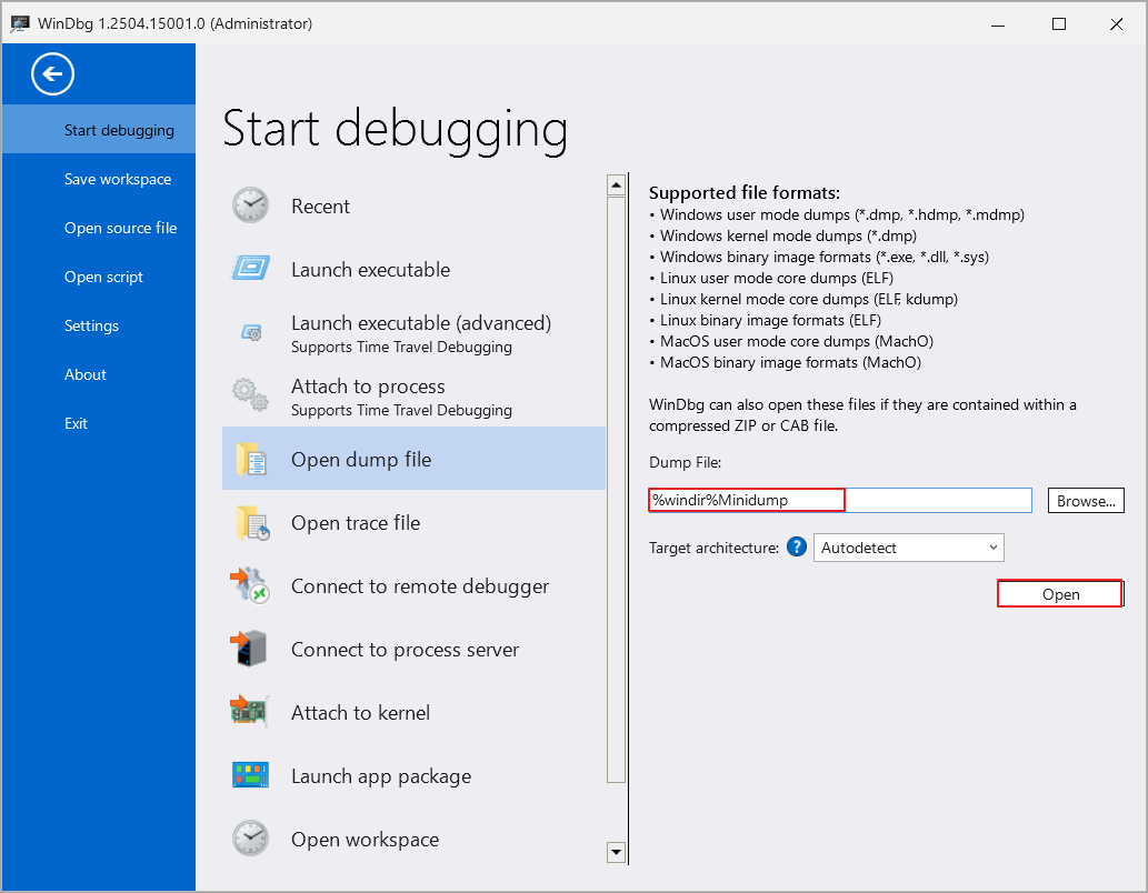 WinDbgアプリの「ダンプ ファイル」入力ボックスに「%windir%\Minidump」と入力