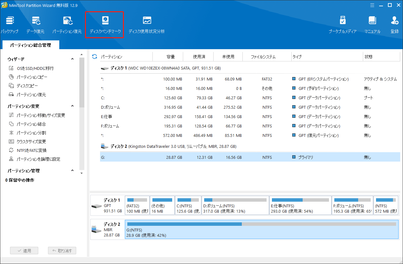 MiniTool Partition Wizardのベンチマーク機能