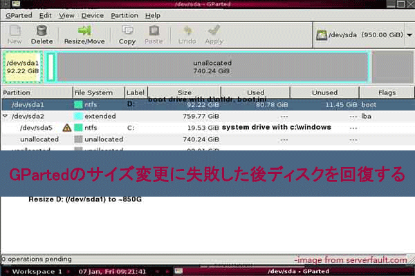 GPartedのサイズ変更に失敗した後、ディスクを回復する方法