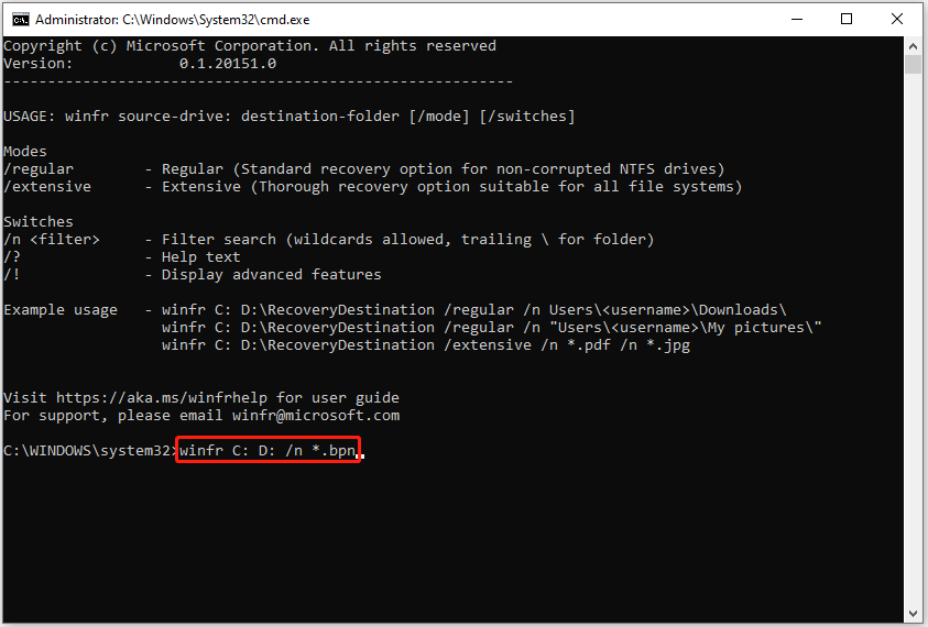 Windows File Recoveryで「winfr C: D: /n *.bpn」と入力
