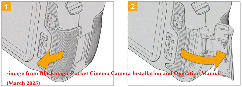 Blackmagicカメラの側面の蓋を開き