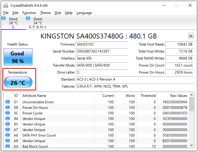 CrystalDiskInfoでSSDの温度を確認する