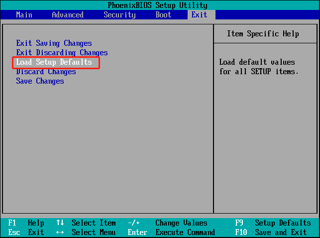 BIOS設定画面で「Load Setup Defaults」を選択