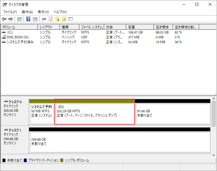 「ディスクの管理」で拡張したCドライブを確認