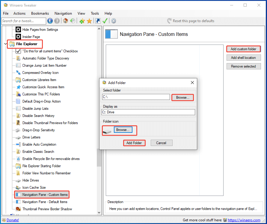 Winaero TweakerソフトでCドライブをナビゲーションペインに設定する画面