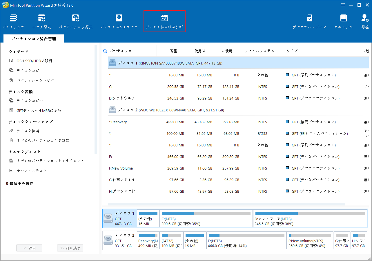 MiniTool Partition Wizardで「ディスク使用状況分析」をクリック