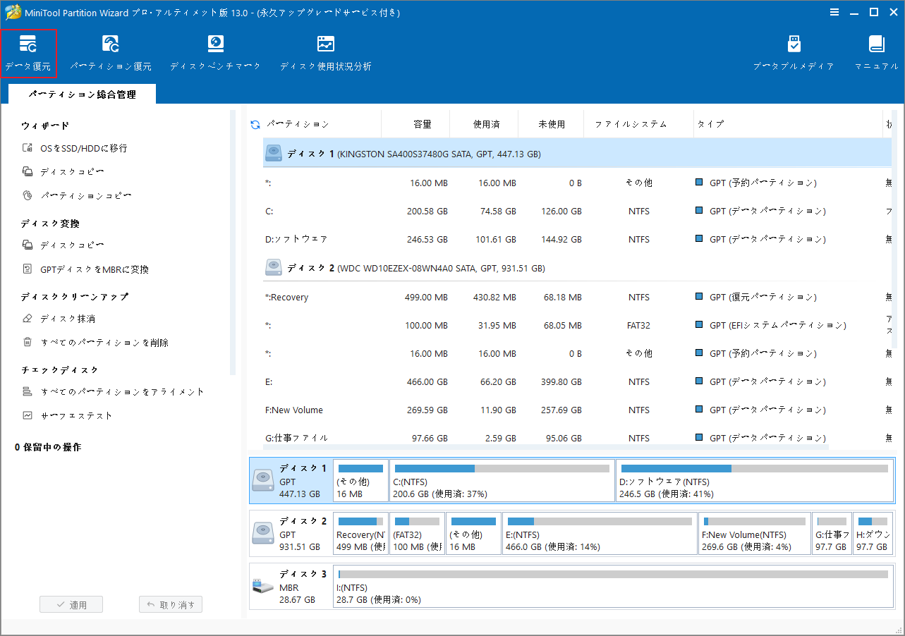 MiniTool Partition Wizardのメイン画面で「データ復元」機能が選択された様子