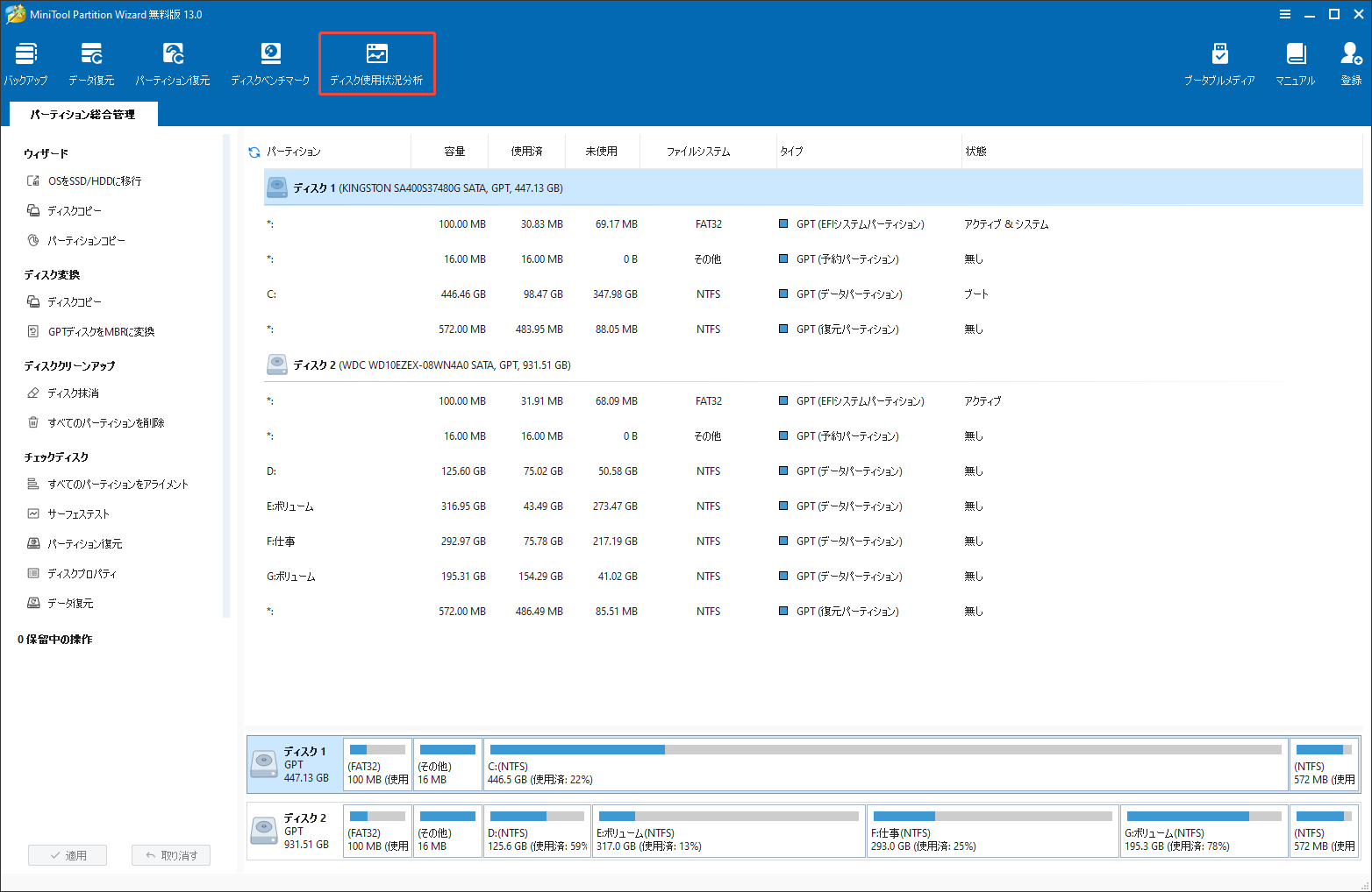 MiniTool Partition Wizardで「ディスク使用状況分析」機能を選択する