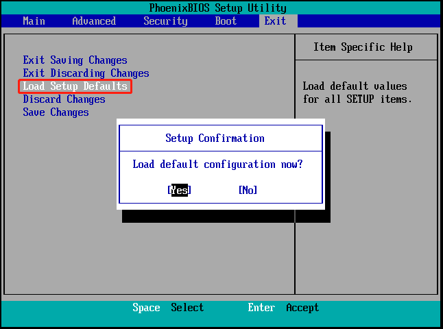 BIOS設定でLoad Setup Defaultsを実行する画面