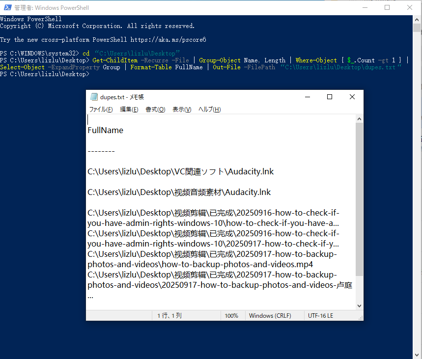 重複ファイルの検索コマンドを実行した後、dupes.txtを開いている画面