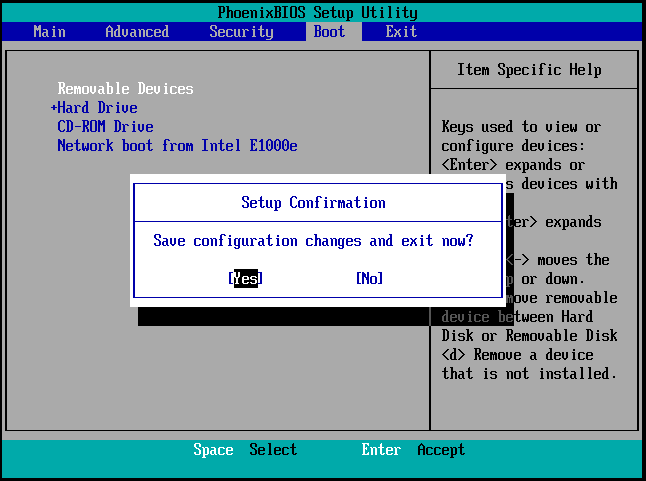 ブート順序設定が完了した後、セットアップの保存を確認するダイアログ