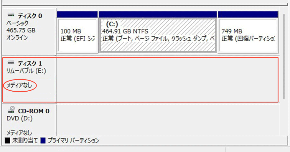 ディスクの管理で表示されたリムーバブルデバイスのメディアなしエラー