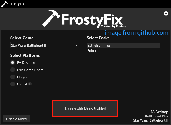 Frosty Fixで「Launch with Mods Enabled」クリックしている様子