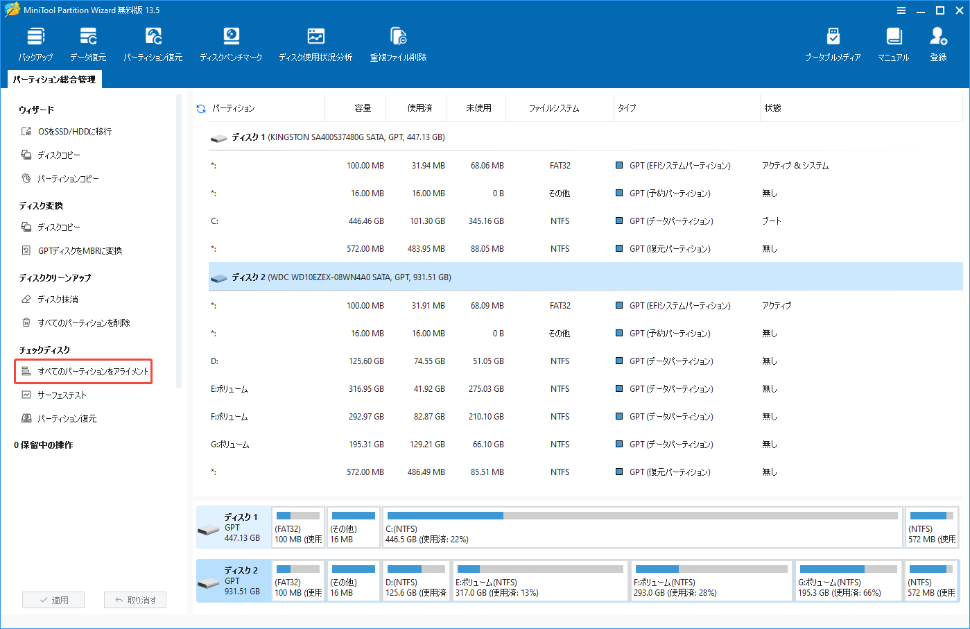 MiniTool Partition WizardでSSDを選択して左側の「すべてのパーティションをアライメント」をクリックする様子