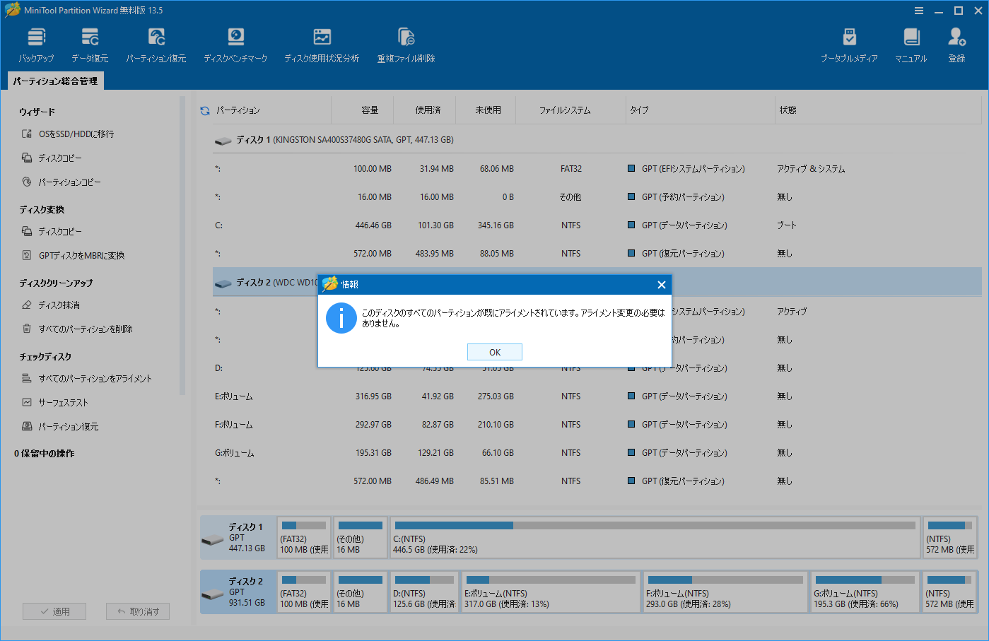 MiniTool Partition Wizardで表示された「このディスクのすべてのパーティションが既にアライメントされています」メッセージ