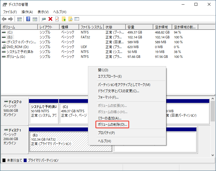 ディスクの管理でパーティションを右クリックして「ボリュームの削除」を選択するスクリーンショット