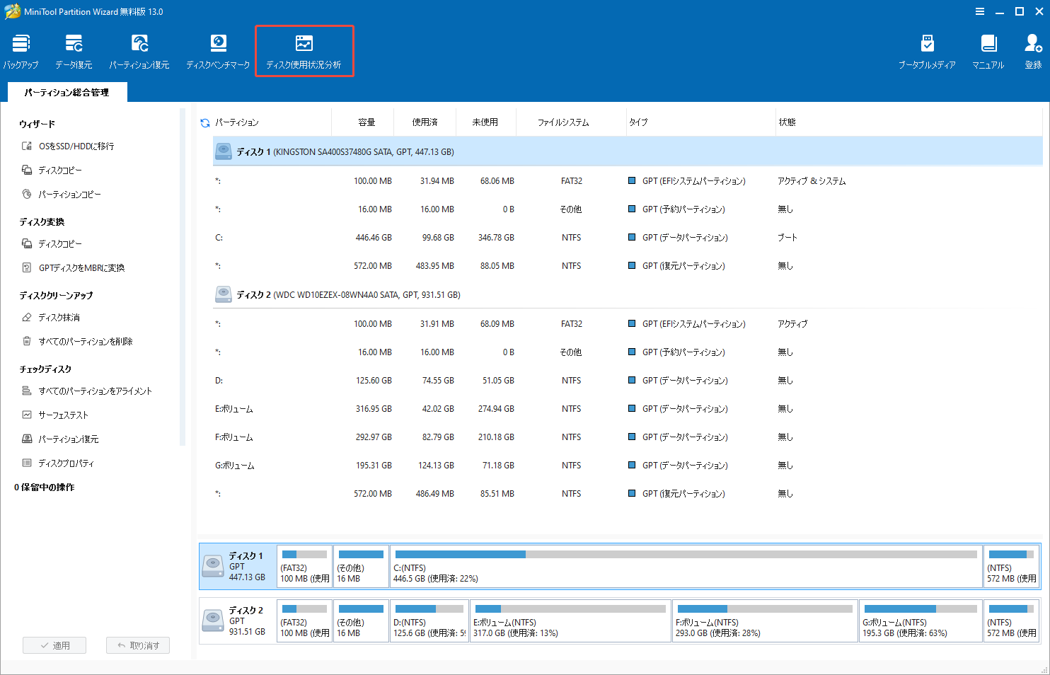 MiniTool Partition Wizardのメインインターフェイスで上のツールバーから「ディスク使用状況分析」を選択する様子