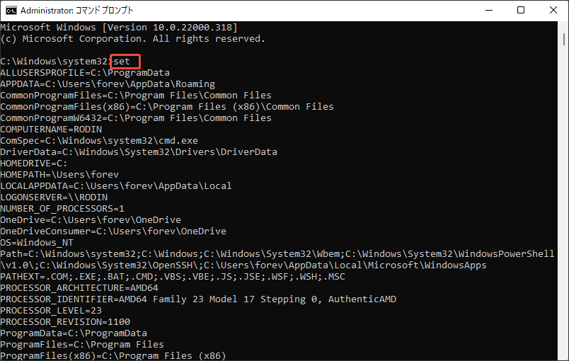 コマンドプロンプトでsetコマンドを実行してすべての環境変数を一覧に表示するスクリーンショット