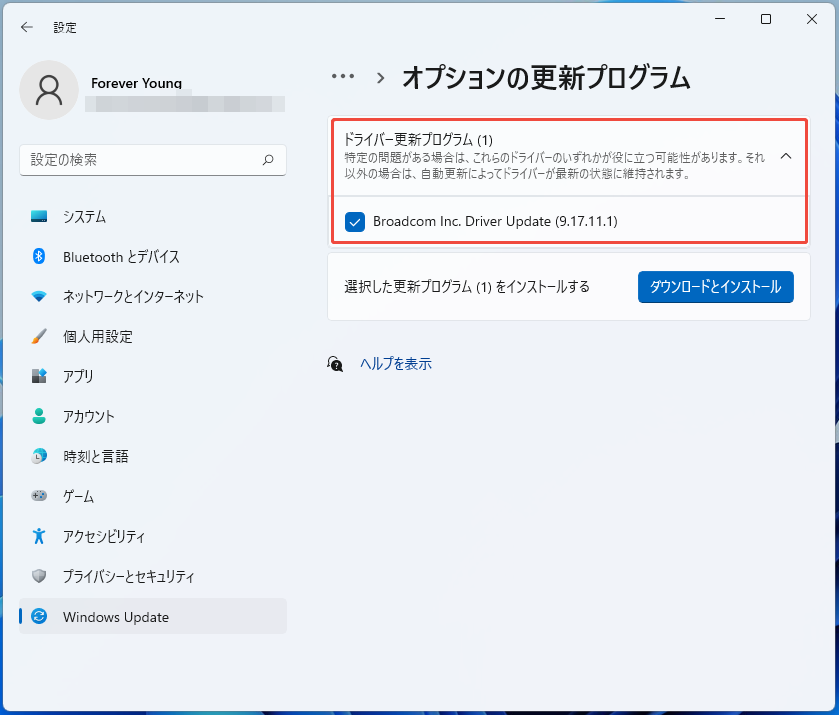 Windows11でオプションのドライバー更新をダウロードしてインストールする様子