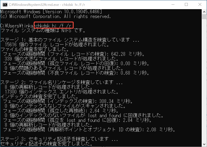 SDカードへのCHKDSKコマンドを実行する様子