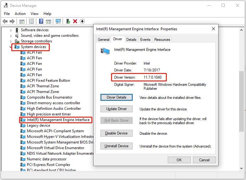 デバイスマネージャーで「Intel (R) Management Engine Interface」ドライバーのバージョンを確認する方法を示す画面