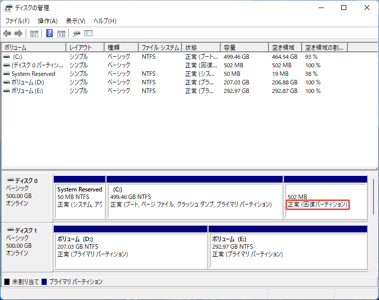 ディスクの管理で回復パーティションを確認する様子