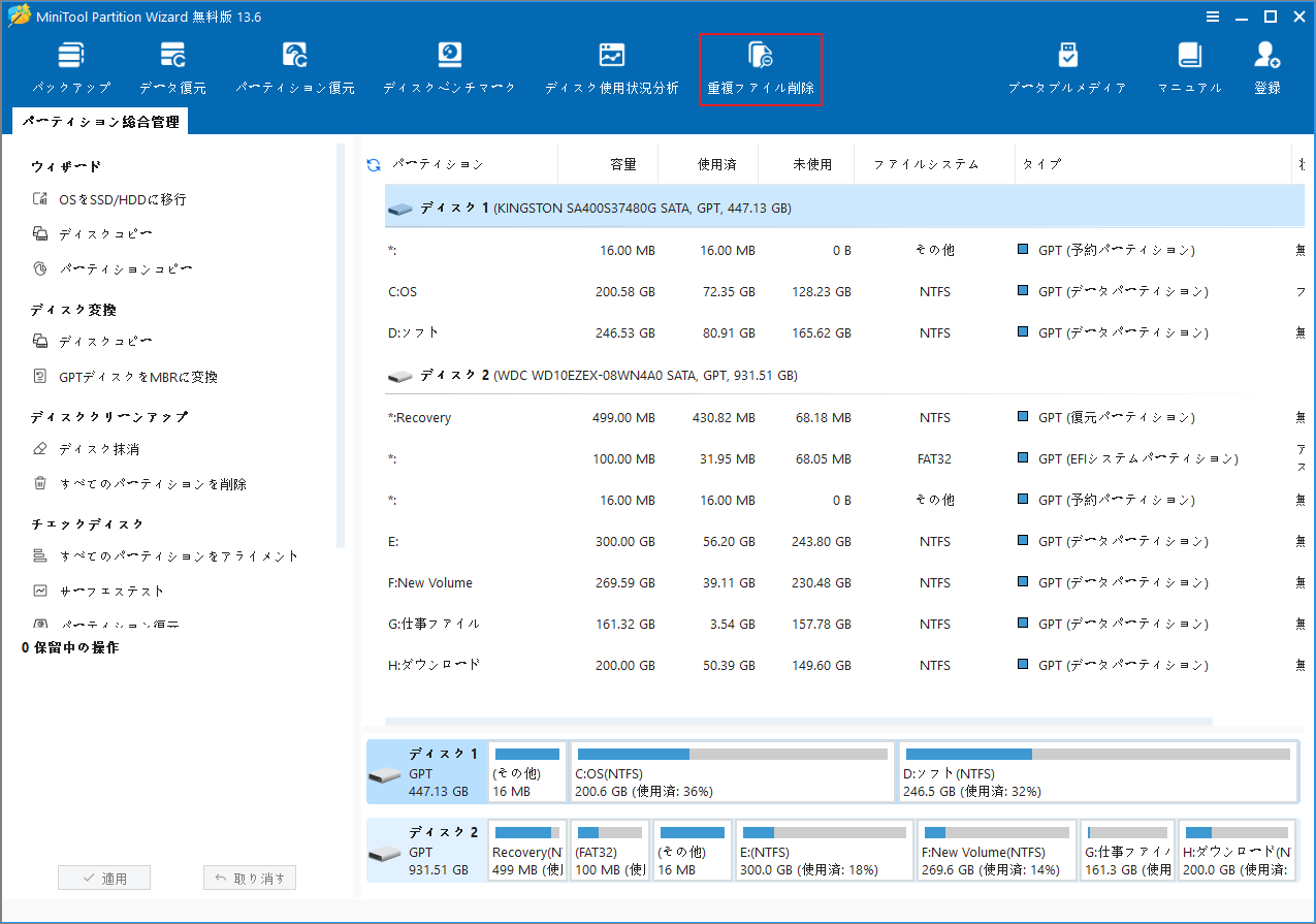 「重複ファイル削除」オプションが選択されたMiniTool Partition Wizardのメイン画面