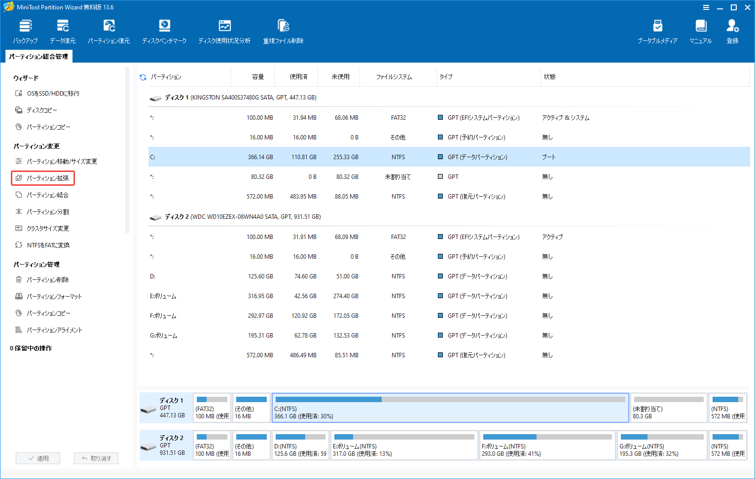 MiniTool Partition WizardのメインインターフェイスでCドライブを選択して「パーティション拡張」を選択する様子