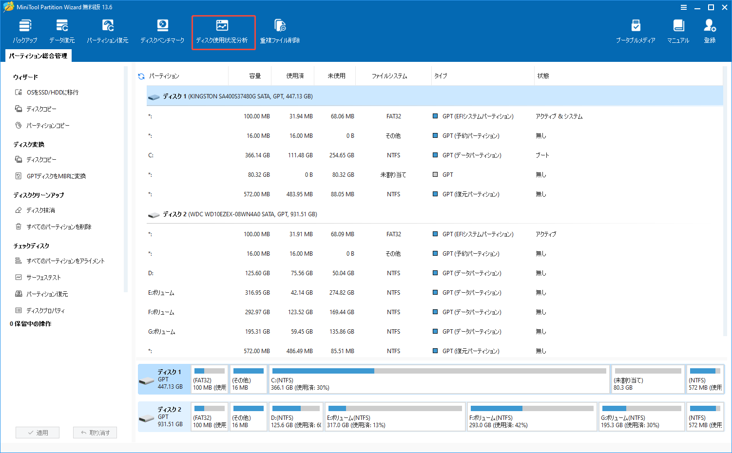 MiniTool Partition Wizardのメインインターフェイスで「ディスク使用状況分析」機能を選択する様子