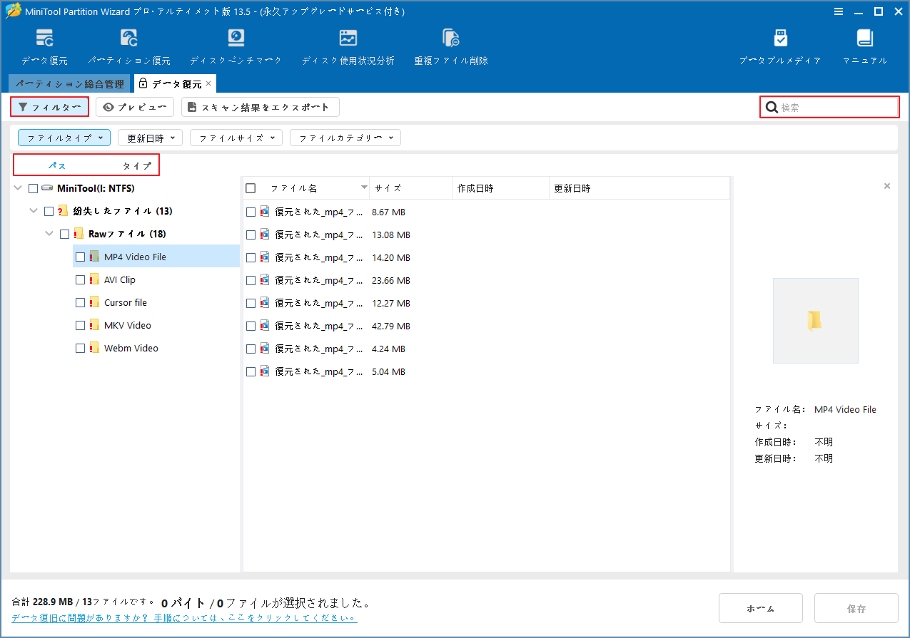 MiniTool Partition Wizard「データ復元」画面でパス、タイプ、フィルター、検索オプションが強調表示されている様子