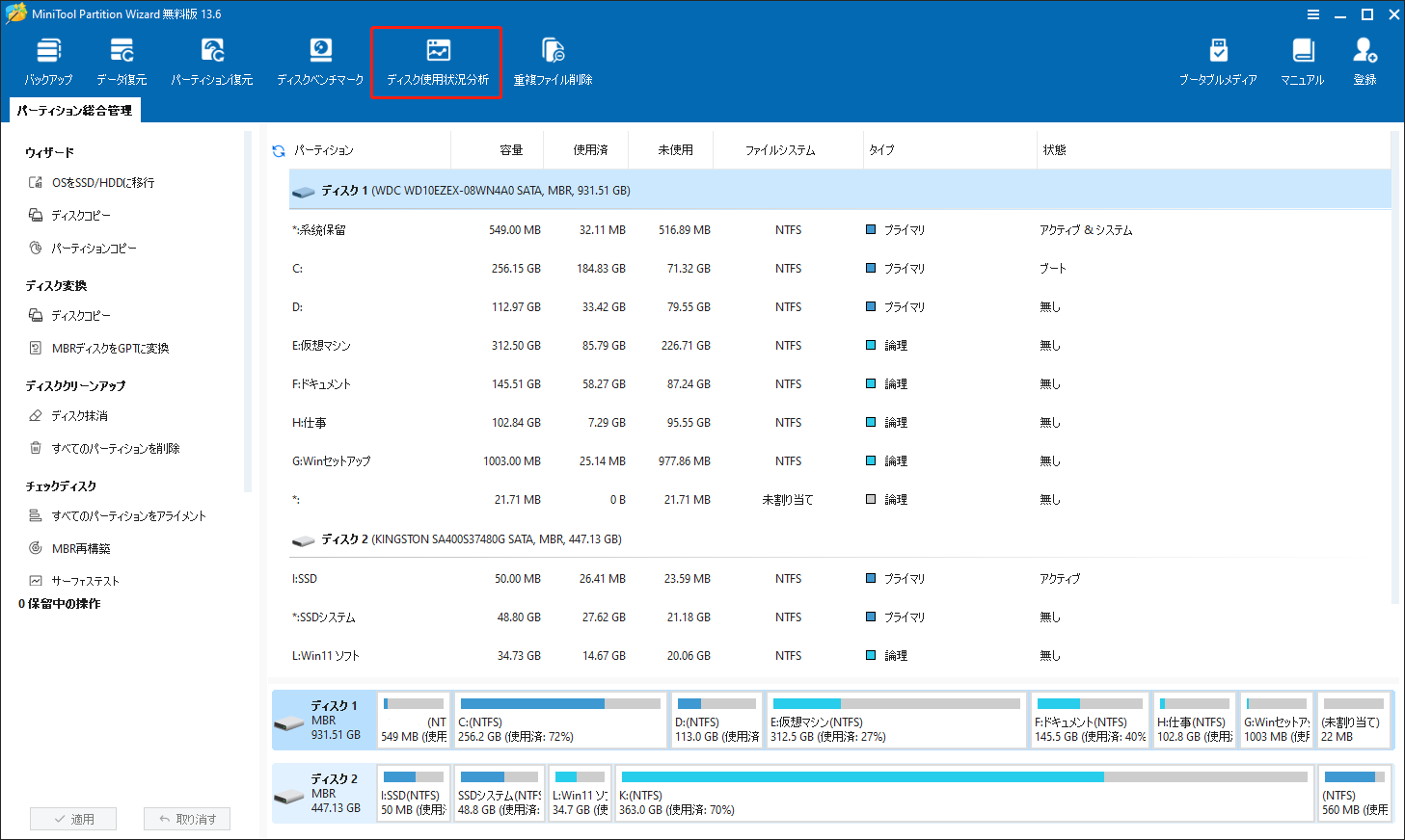 MiniTool Partition Wizardでディスク使用状況分析機能をクリックしている様子